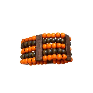 Ethnic style multi-layer wood bead bracelet with retro orange and brown wooden beads