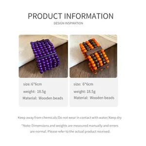 Detailed product specifications for multi-layer ethnic style wooden bead bracelets in purple and orange.