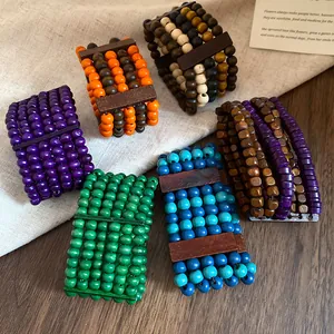 Handmade multi-layer wooden bead elastic bracelets in various vibrant ethnic colors