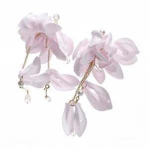 Elegant pink fabric flower drop earrings with pearls and crystals for holiday style
