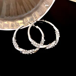 Dettaglio degli eleganti orecchini a cerchio intrecciati argentati con strass brillanti