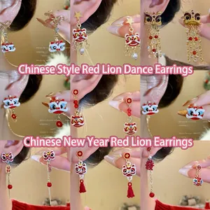 Orecchini a Bottone Leone in Smalto Rosso Nuovo Stile Cinese Perno in Argento Strass Perla Artificiale Nappa Gioielli Festivi Per Donna