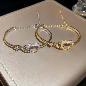 Heart Hollow Bangle For Women Alloy Zirconia Infinity Symbol Bracelet Gold Silver Plated Adjustable High-End Jewelry Gift