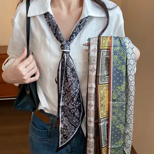 Vintage Old Money Style Paisley Floral Print Fabric Scarf Necklace For Women French Elegance Long Decorative Silk Touch Choker Neckwear Accessory