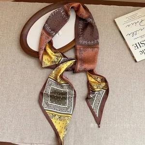 Elegant vintage paisley print silk scarf necklace with brown and yellow color block