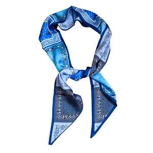 Elegant vintage blue paisley pattern silk scarf necklace accessory with tied knot design