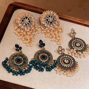 Vintage Ethnic Alloy Rhinestone Tassel Drop Earrings For Women Round Water Drop Artificial Pearl Lightweight Jewelry Accessory