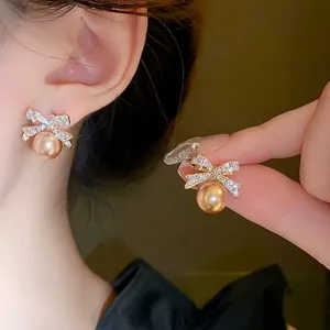 French Luxury Bowknot Artificial Pearl Stud Earrings For Women Rhinestone Bow 925 Sterling Silver Earring Post Vintage Jewelry