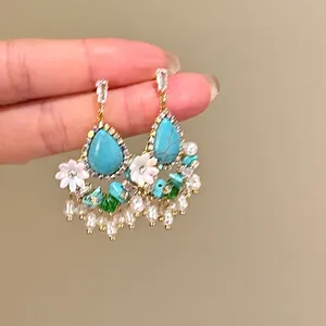 Retro Ethnic Bohemian Pendant Earrings For Women Zirconia Flower Artificial Pearl Teardrop Turquoise Beach Vacation Fashion Jewelry