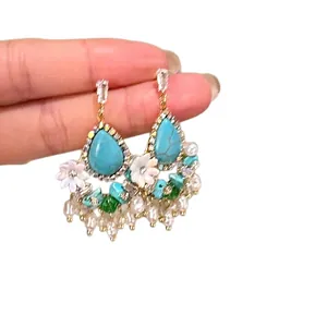 Vintage ethnic turquoise pearl earrings with flower pendant for bohemian seaside beach style