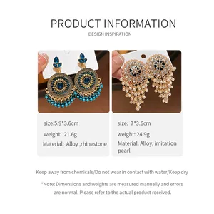 Detailed specifications for ethnic style tassel earrings with rhinestone and pearls