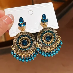 Vintage ethnic style round tassel earrings with blue rhinestones and beads