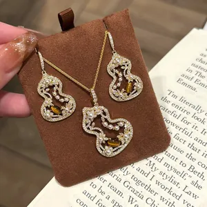 New Chinese Hollow Wulu Pendant Necklace Earrings Gold Plated Artificial Pearl Zirconia Tiger Eye Vintage Jewelry Women Gift