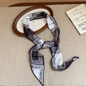 Detailed view of vintage black and white paisley print skinny silk scarf necklace