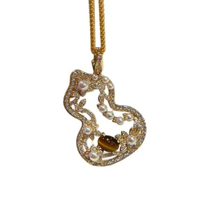 Elegant Chinese style gourd hollow pendant necklace with pearls and tiger's eye