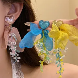 Orecchini Pendenti con Nappa a Cuore e Fiore in Chiffon per Donna Perno in Argento Stile Vacanza al Mare Gioielli