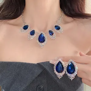 Luxury Alloy Rhinestone Dark Blue Teardrop Pendant Necklace Earrings Elegant Vintage Jewelry For Women Party Wedding Accessory