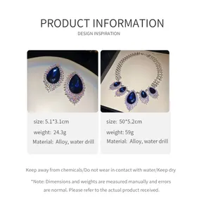 Detailed product specifications for blue waterdrop rhinestone earring and necklace set