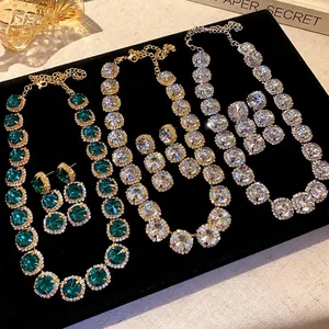 Luxury Alloy Rhinestone Geometric Patchwork Necklace Earring Jewelry Set Emerald Green Clear Crystal Banquet Party Women
