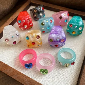 Dopamine Style Colorful Resin Rhinestone Rings For Women Niche Sweet Fashion Round Finger Index Ring Jewelry Gift