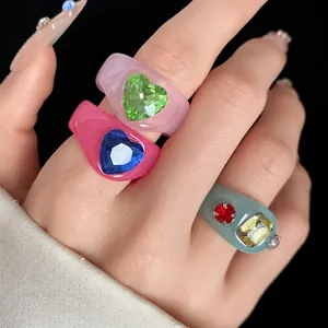 Chic dopamine style colorful resin rings featuring heart-shaped sparkling gems for women