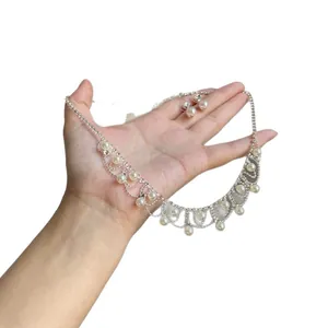 Vintage French style pearl and rhinestone fringe necklace with matching stud earrings set