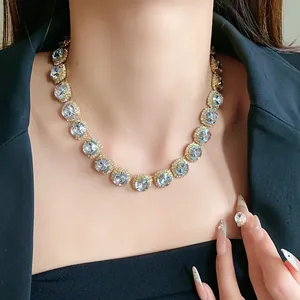Elegant chunky rhinestone necklace set with matching round crystal earrings for women