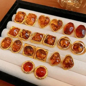 Orecchini a Bottone Vintage Maillard Caffè Resina Ambra Con Perno in Argento Sterling 925 Lega Oro Gioielli Geometrici Donna