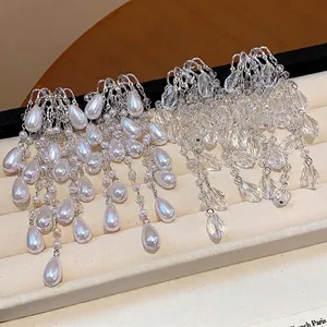Elegant French court style silver tassel earrings with water-drop pearls and crystals