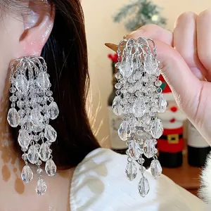 Elegant French style silver needle water drop crystal tassel dangling earrings for women