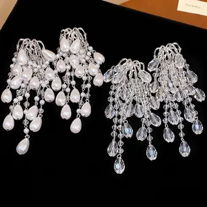 Elegant French palace style chandelier earrings with pearls and crystal water drops