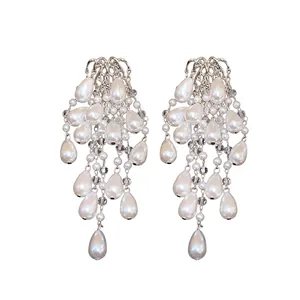Elegant French palace style water-drop pearl tassel earrings in silver finish