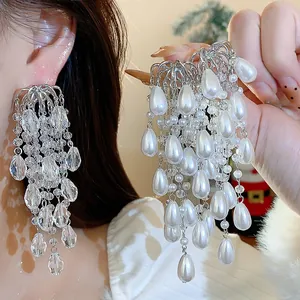 Elegant French court style water drop pearl tassel earrings with silver needle detail view.