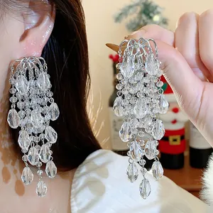 Elegant silver needle water-drop tassel earrings with clear sparkling crystals.