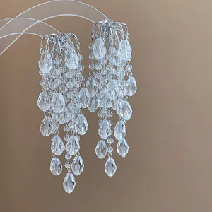 Exquisite detail shot of French style crystal teardrop tassel earrings with silver needles