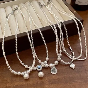Collier en Perles Artificielles de Zirconia Vintage Français pour Femmes Élégant Cuivre Plaqué Argent Cœur Goutte d'Eau Chaîne de Clavicule Bijoux