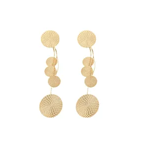 Elegant gold textured circular disc dangle earrings with silver needle posts