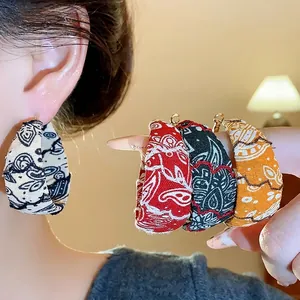 Stylish bohemian fabric paisley print hoop earrings with silver needles for women set