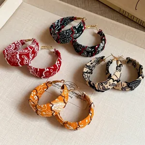 Bohemian paisley fabric printed hoop earrings with silver needles for stylish women