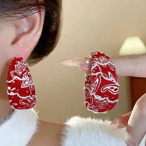Red fabric hoop earrings with white paisley print minimalist fashion jewelry for women
