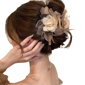 Elegant mesh flower hair claw clip with leaf design for women vintage hair accessory
