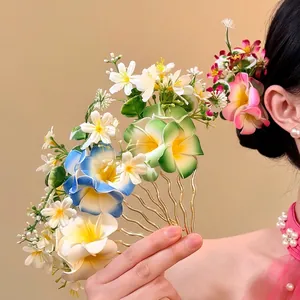 Sweet Floral Fabric Flower Hair Fork Elegant Handmade Alloy Hair Stick For Women Daily Travel Wedding Party Hair Accessories