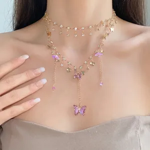 Süße Gold Mehrlagige Schmetterling Blume Anhänger Halskette Für Damen Funkelnde Strass Quaste Luxus Elegante Schlüsselbein Kette Schmuck