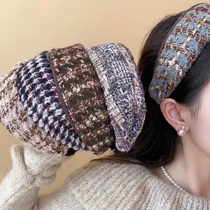 Γαλλική Vintage Tweed Φαρδιά Στέκα Μαλλιών Κομψό Στυλ Chanel Υφαντό Ύφασμα για Γυναίκες Μόδα Αξεσουάρ Μαλλιών