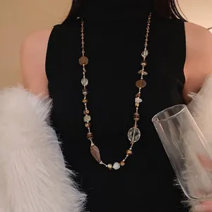 Collana Etnica Vintage con Perline di Agata e Giada Bianca Irregolare per Donna Catena Lunga per Maglione Accessori in Rame