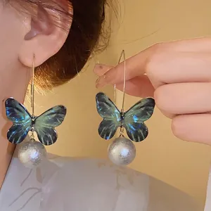 Forest Fairy Butterfly Pearl Drop Earrings For Women Elegant Blue Gradient Acrylic Earrings With 925 Sterling Silver Earring Post Jewelry