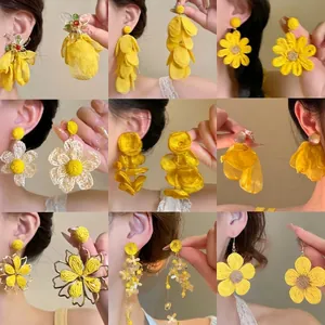 Vacation Style Chiffon Flower Tassel Drop Earrings For Women Sweet Yellow Floral Silver Earring Post Handmade Fashion Jewelry