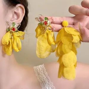Bohemian style vibrant yellow chiffon flower tassel drop earrings for summer vacation