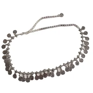 Ethnic style silver waist chain belt with circular coin tassel dangles on white