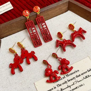 New Chinese Style Red Enamel Horse Stud Earrings With 925 Sterling Silver Earring Post Festive Character Jewelry For Women
